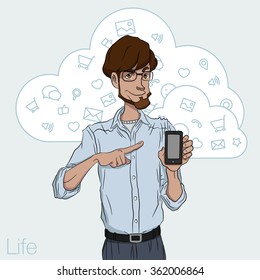 Guy in showing smartphone screen on white background. Presentation of mobile application, startup, website. Vector illustration cloud service, social network and technology for man. Market of apps   