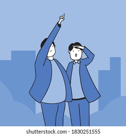 A guy is showing something to another person. They are watching the sky. One person points out an object. Vector illustration.