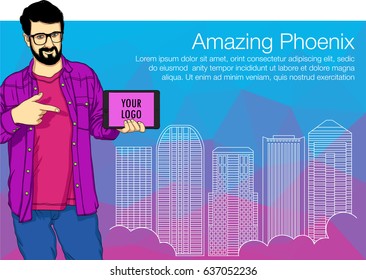 Guy showing tablet screen app on colorful background. Man presentation of mobile application, startup, website. Vector illustration cloud service, social network and technology. Phoenix city