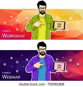 Guy showing tablet screen app on colorful background. Man presentation of mobile application, startup, website. Vector illustration cloud service, social network and technology