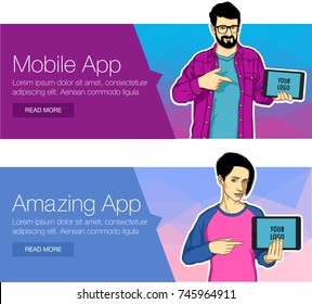 Guy showing tablet screen app on colorful banner. Man presentation of mobile application, startup, website. Vector illustration of cloud service, social network and technology for banner