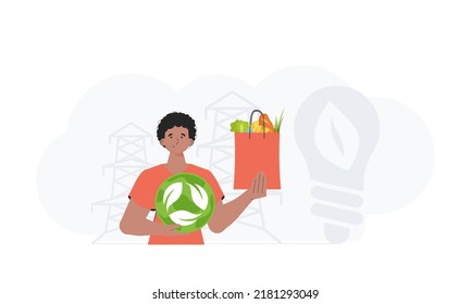 The guy is shown waist-deep holding an EKO icon and a bag of proper nutrition. Healthy food, ecology, recycling and zero waste concept. Trend vector illustration.