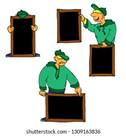 Guy shows boards for information
