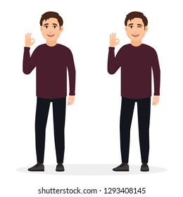 The guy shows the gesture is cool, the gesture is good. Vector illustration in cartoon style.
