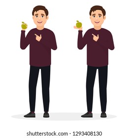 The guy shows a green apple, eat healthy food, character in a flat style