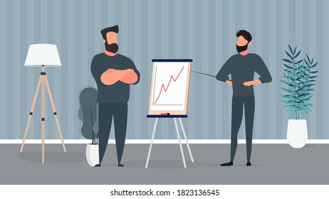 El tipo muestra un informe al jefe. Presentación con dinámica positiva. Cartel de papel. Infografía. Crecimiento empresarial. Vector.