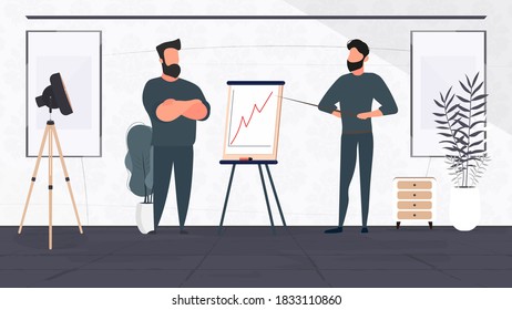 Der Mann zeigt dem Chef einen Bericht. Präsentation mit positiver Dynamik. Vorstand für Papier. Infografiken. Wachstum der Unternehmen. Vektorgrafik.