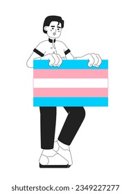El tipo muestra la bandera del orgullo transgénero monocromático de carácter vector plano. La línea delgada editable de cuerpo completo apoya a personas transgénero lgbt en blanco. Sencilla imagen de spot de dibujos animados bw para diseño gráfico web