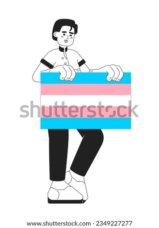 Guy shows transgender pride flag monochromatic flat vector character. Editable thin line full body man support transgender lgbt people on white. Simple bw cartoon spot image for web graphic design