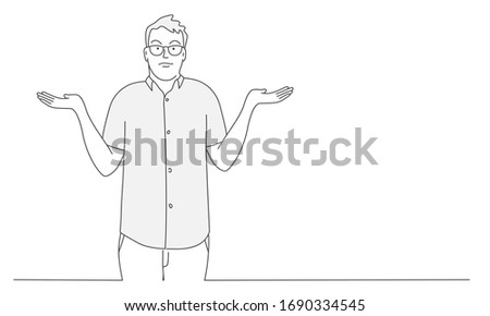 Guy shrugs and spreads his hands. Gesture oops, sorry or I do not know. Hand drawn vector illustration.