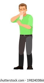 Guy is sick. Colds, flu. Runny nose. Young handsome boy. Its sad. In jeans and T-shirt. Painfully. Single is worth it. Cartoon flat style. Illustration is isolated on  white background vector