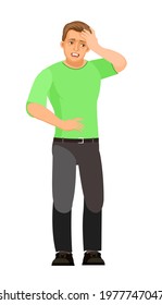 The guy is sick. Headache. Young handsome boy. It’s sad. In jeans and a T-shirt. Painfully. The single is worth it. Cartoon flat style. The illustration is isolated on a white background. Vector