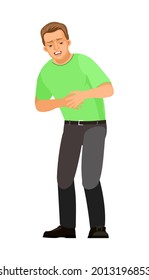 El tipo está enfermo. Dolor de estómago. Úlcera, gastritis. Muchacho apuesto. Triste. En vaqueros y camisetas. Dolorosamente. Lo único vale. Caricatura de estilo plano. La ilustración está aislada en un fondo blanco. Vector