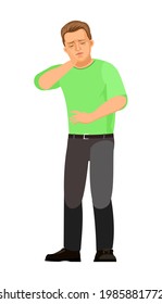 El tipo está enfermo. Dolor de muelas. Dolor de mejilla. Muchacho apuesto. Es triste. En vaqueros y camisetas. Dolorosamente. El único vale la pena. Caricatura de estilo plano. La ilustración está aislada en un fondo blanco. Vector