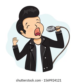 Guy sing into the microphone, cartoon character, hand drawing. Boy with hair laid in a coc in black leather jacket holds a microphone in his hand, isolated on white background. Vector illustration