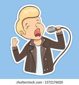 Guy sing into the microphone sticker, cartoon character, hand drawing. Boy with hair laid in a coc in leather jacket holds a microphone in his hand, isolated on blue background. Vector illustration