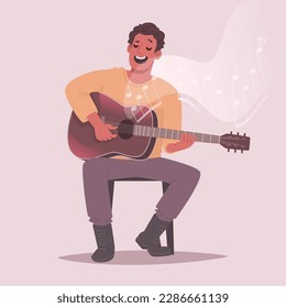 Guy sings and plays the guitar. The performer of the song performs with a musical instrument. Hobby or professional occupation in music. Vector illustration in flat style