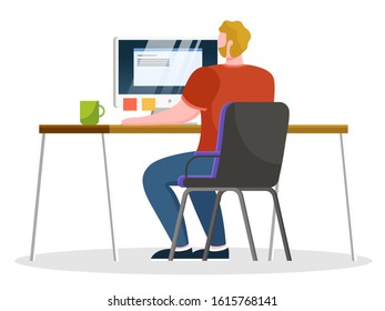 Guy sit by table and work on personal computer at office alone, open space. Man typing on keyboard of laptop. Paper stickers with notes and tasks on monitor. Vector illustration of workplace in flat