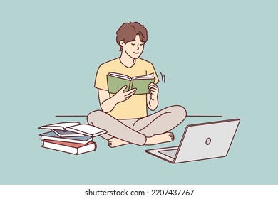 Guy sit on floor study on compute read textbooks prepare for exam. Focused male student enjoy books reading use computer for school preparation. Vector illustration. 