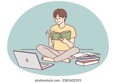 Guy sit on floor study on compute read textbooks prepare for exam. Focused male student enjoy books reading use computer for school preparation. Vector illustration.
