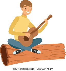 Guy sit on wooden log and play on guitar. Outdoor travel camp