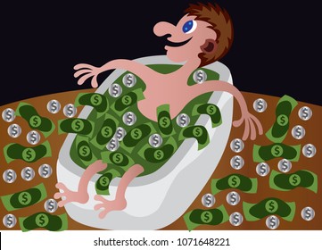 A guy sits in bathtub Full of Money