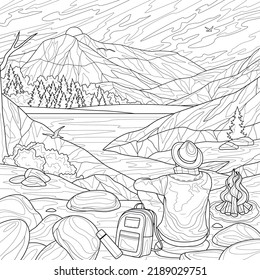 
The guy sits by the fire and looks at the mountains.Coloring book antistress for children and adults. Illustration isolated on white background.Zen-tangle style. Hand draw