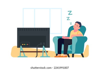 Guy sits in chair in front of TV. Man sleeps in armchair. People relax and dream on sofa. Sleepy person watches television at home. House relaxation. Sneezing character