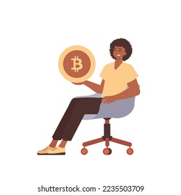 The guy sits in a chair and holds a bitcoin in his hands. Character in modern trendy style.