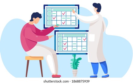 The guy sits with chips in his hands. A man in a lab coat points to a work plan on the background. Male character playing a game. People communicate and spend time in the laboratory together