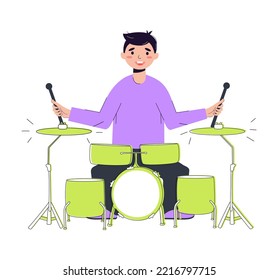 The guy sits at the drum kit and plays with sticks. Vector stock illustration. White background. isolated. Introduction. Music and Melody. drummer