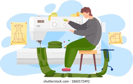 The guy sits with green chips in his hands. The designer works at the sewing machine in the atelier. The man is playing a game. Male character in tailoring studio. Pattern of dress on background