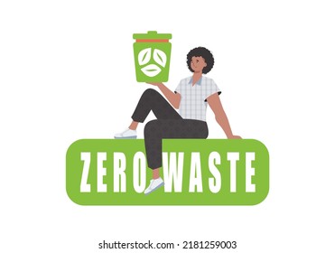 The guy sits and holds a trash can in his hand. The concept of ecology and recycling. Isolated. Vector illustration.