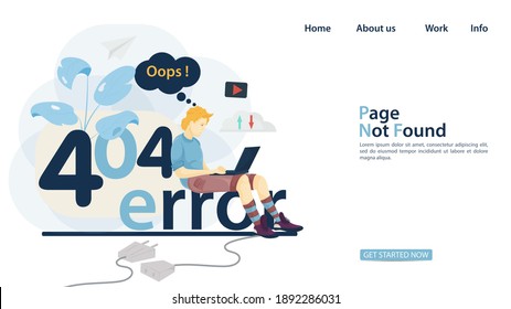 A guy sits with a laptop on error 404 inscription, banner for the design of a website Or Mobile applications, page not found, Flat Vector Illustration
