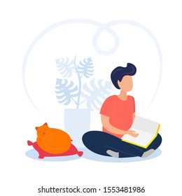 Guy sits in a lotus position, legs crossed and reading a book. Modern fans isolated on white background. Сartoon flat vector illustration.