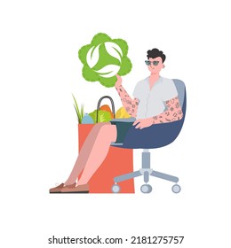 The guy sits next to a bag of healthy food and reposts the EKO icon. Isolated. Trend vector illustration.