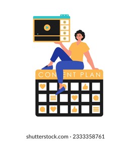 The Guy sits on the capacitance plan and holds a window with a television recipient call call receiver . message aim typography. Trendy style, Vector Illustration