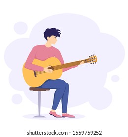 El tipo se sienta en la silla y toca la guitarra. Un joven toca un instrumento musical acústico. La ilustración puede ser utilizada para el diseño de vacaciones, tarjetas, ropa o cosas, invitaciones y banners.