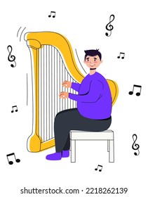 The guy sits on a chair and plays the harp. Vector stock illustration. White background. isolated. Character. Musical instrument