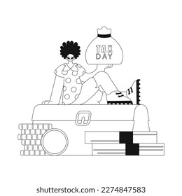 Guy sits on pile of money, holds bag. It's Tax Day. Drawn in linear style, vector illustration.