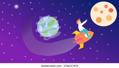 The guy sits on the rocket and points the right direction, the ground in the background, the vector chart