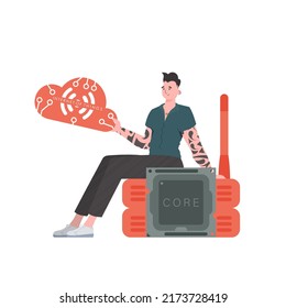 The guy sits on the router and holds the internet of things logo in his hands. IoT concept. Isolated. Vector illustration.