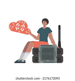 El tipo se sienta en el router y tiene el logo de internet de las cosas en sus manos. Internet de las cosas y concepto de automatización. Aislado. Ilustración vectorial en estilo plano de moda.