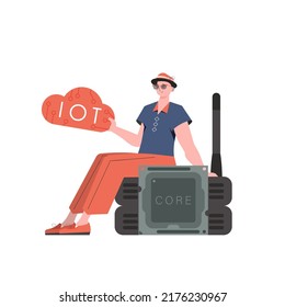 El tipo se sienta en el router y tiene el logo de internet de las cosas en sus manos. El concepto de Internet de las cosas. Aislado. Estilo moderno y plano. Vector.