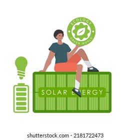 The guy sits on the solar panel and holds the ECO logo in his hands. The concept of ecology and green energy. Isolated on white background. trendy style. Vector illustration.