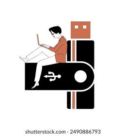 A guy sits on a thumb drive with a laptop and downloads data