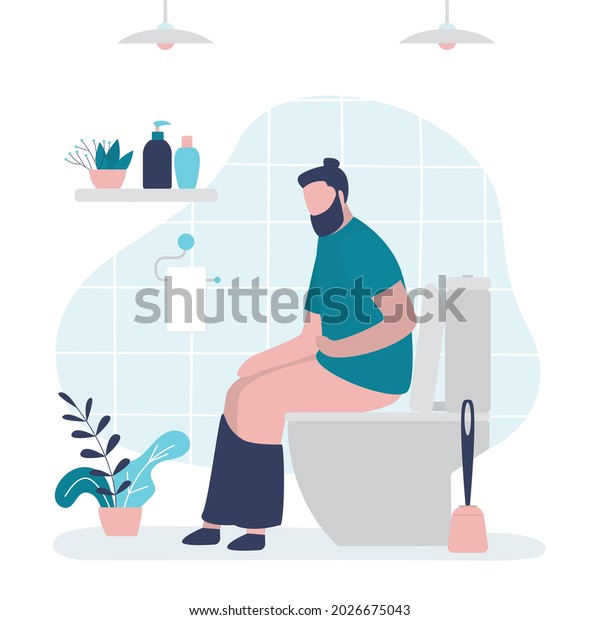 Guy sits with stomach pain on toilet. Male\
character with diarrhea or stomach upset. Restroom interior.\
Handsome man with constipation in toilet. Digestive and bowel\
problems. Flat Vector\
illustration