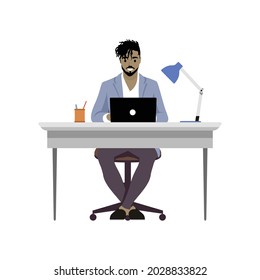 A guy sits at a table in his office. A man works on a laptop. Office work concept. Vector.