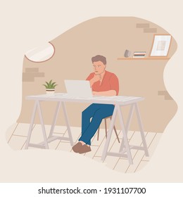 the guy sits at the table working from home, the man uses the computer, quarantine at home. flat vector illustration