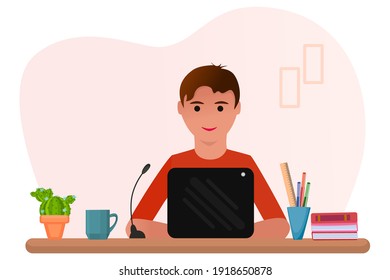 The guy sits at the table and works on a laptop. Office worker. Work from home. Online chat. Communication with a client through a microphone. Support, help, call center. Flat cartoon style.